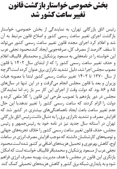 بخش خصوصی خواستار بازگشت قانون تغییر ساعت کشور شد