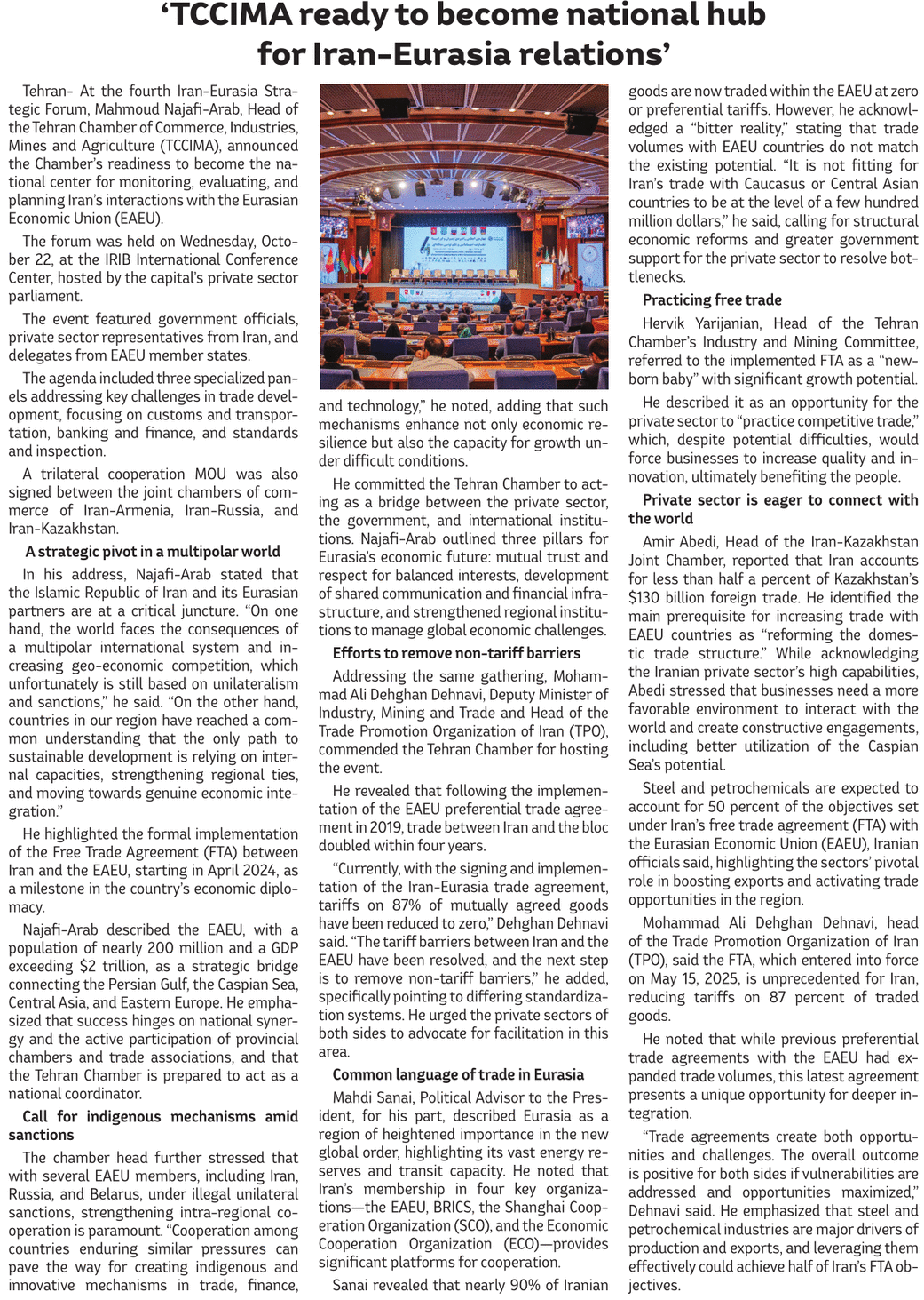 'TCCIMA ready to become national hub for Iran-Eurasia relations'